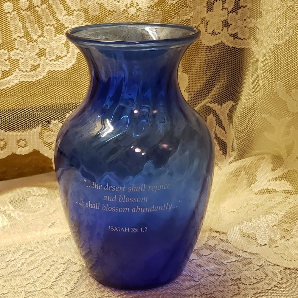 Vintage Cobalt Blue Glass Vase Isaiah 35:1,2 Bloom